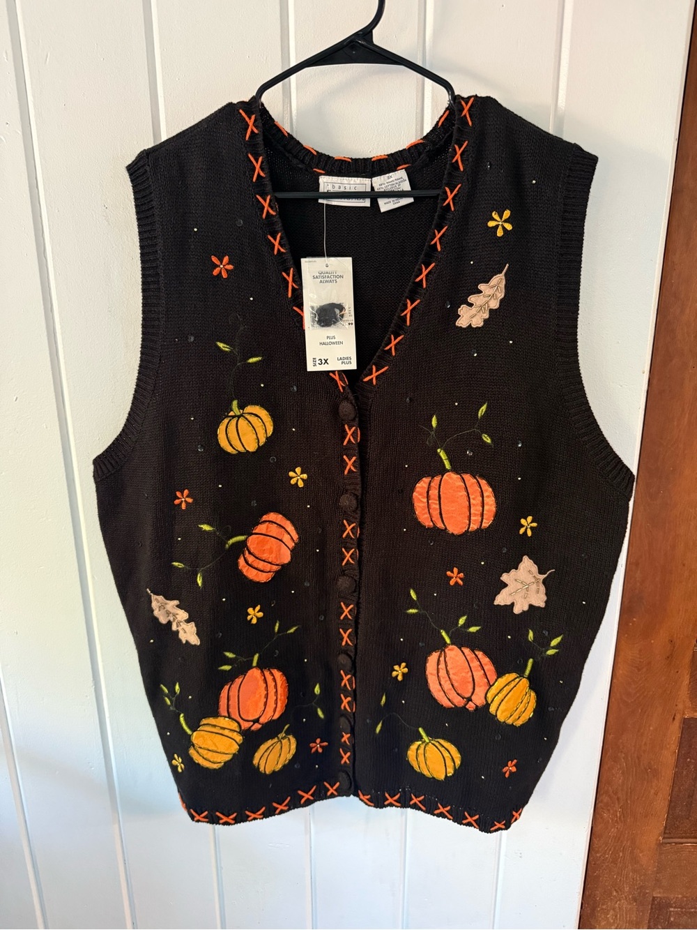 Basic Editions Vintage-Inspired Pumpkin Embroidered Black Sweater Vest